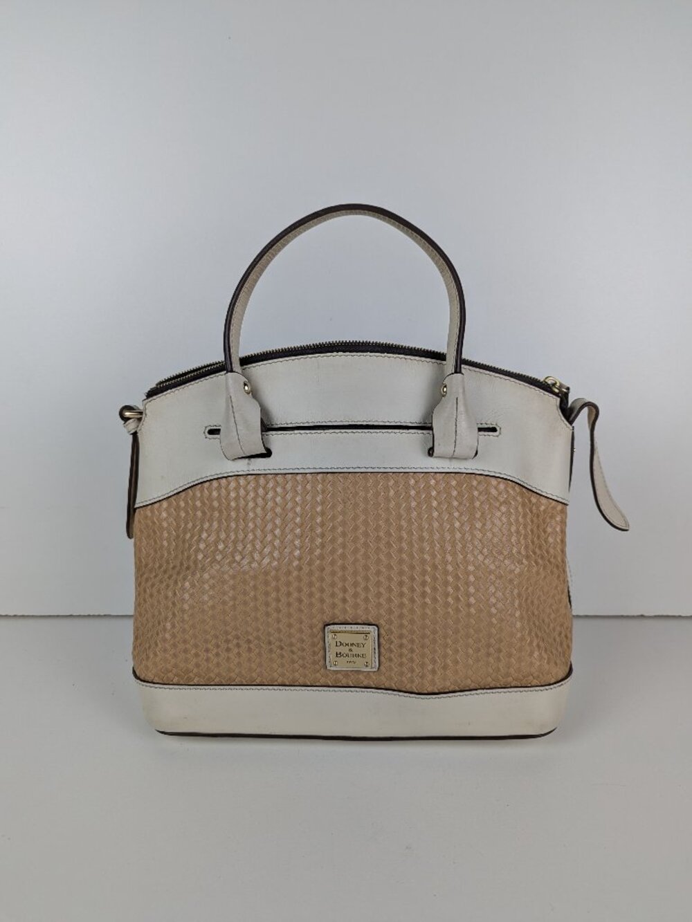 Dooney Bourke Beacon Pale White Tan Leather Woven Domed Satchel Handbag